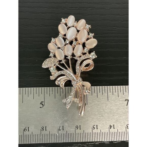 Elegant Rose Gold Floral Bouquet Brooch Rhinestones Pink Gem Accents - Picture 2 of 4